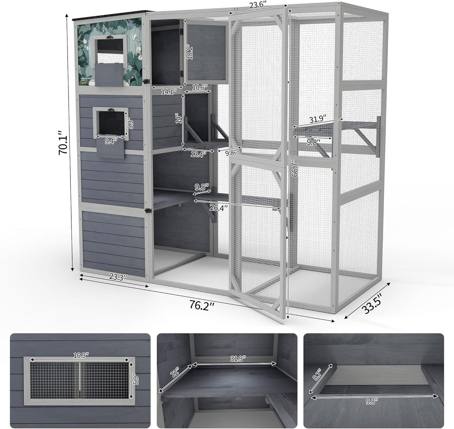 COZIWOW Large Wood Cat Catio, Outdoor Enclosure with Weatherproof Roof, 2 Resting Rooms, 2 Platforms, 4-Tier Cat Playpen (Grey with Pattern)
