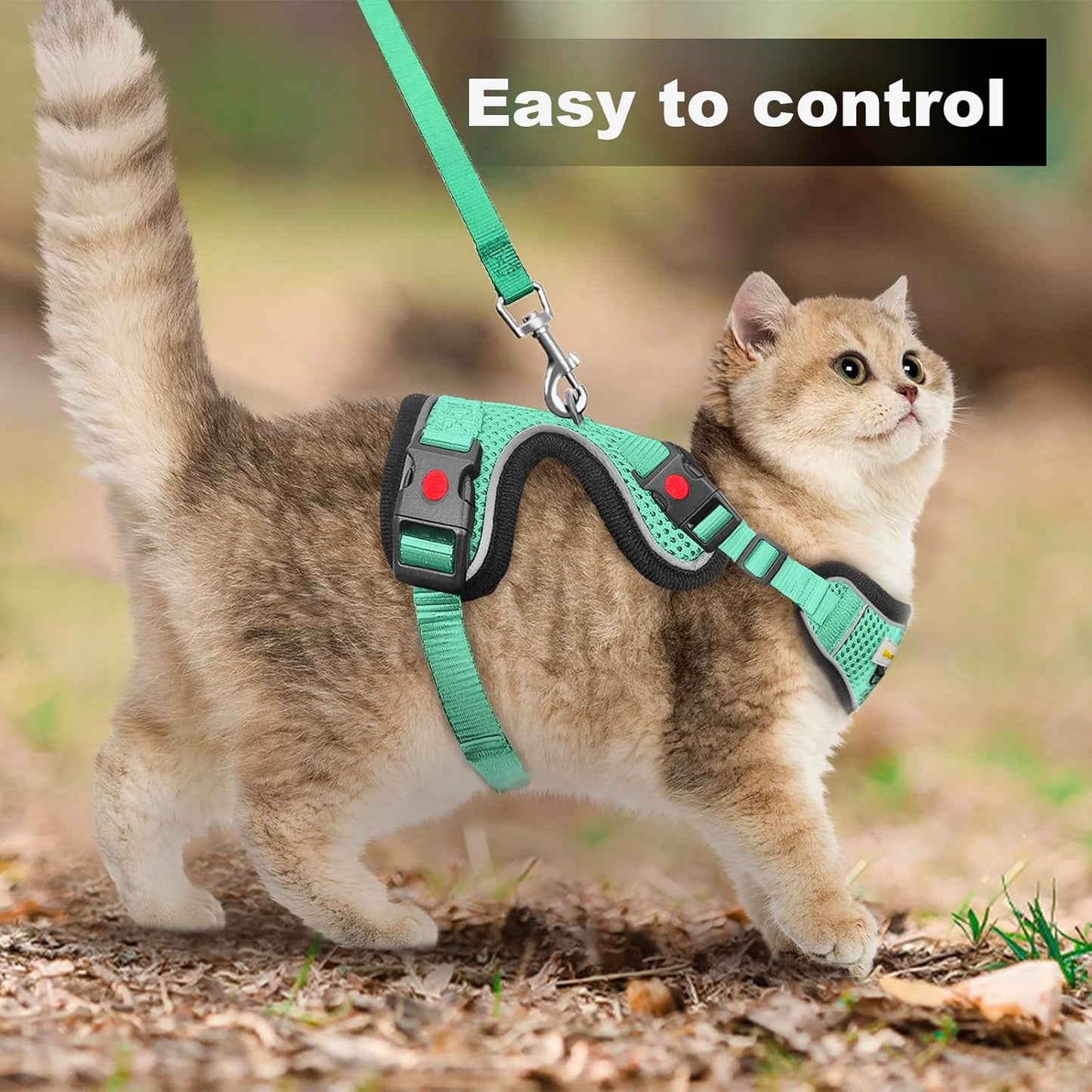 Cat Harness and Leash for Walking, Retractable Cat Harnesses and Leash Set Escape Proof, Breathable Soft Kitten Small Large Harness for Travel Training and Walking, Green, M