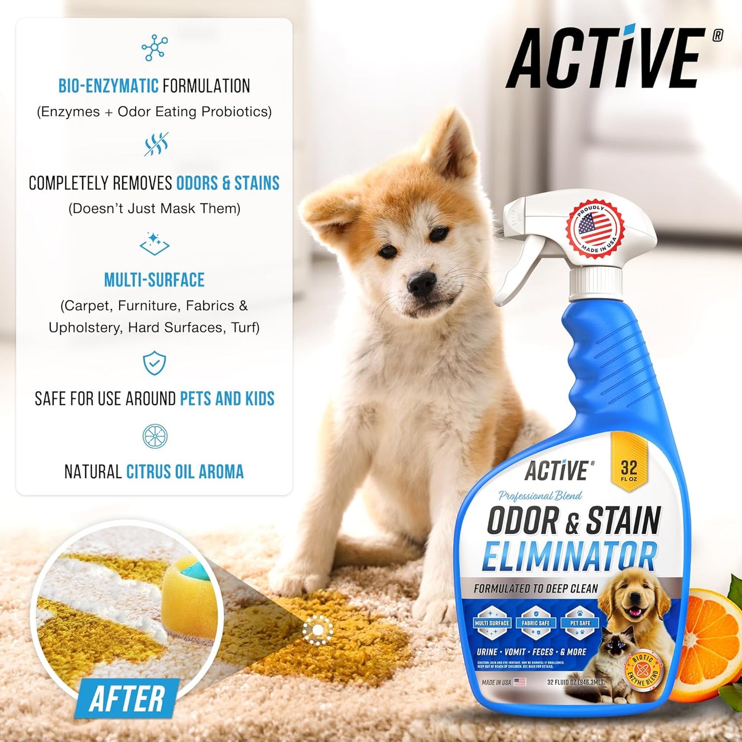 Pet Odor and Stain Eliminator - 32 oz ACTIVE Enzyme Cleaner for Dog & Cat Urine, Stain Remover Spray for Carpet, Upholstery, Hardwood, Spot Cleaning, Deodorizer for Dogs Cats Pets - Natural Citrus Oil