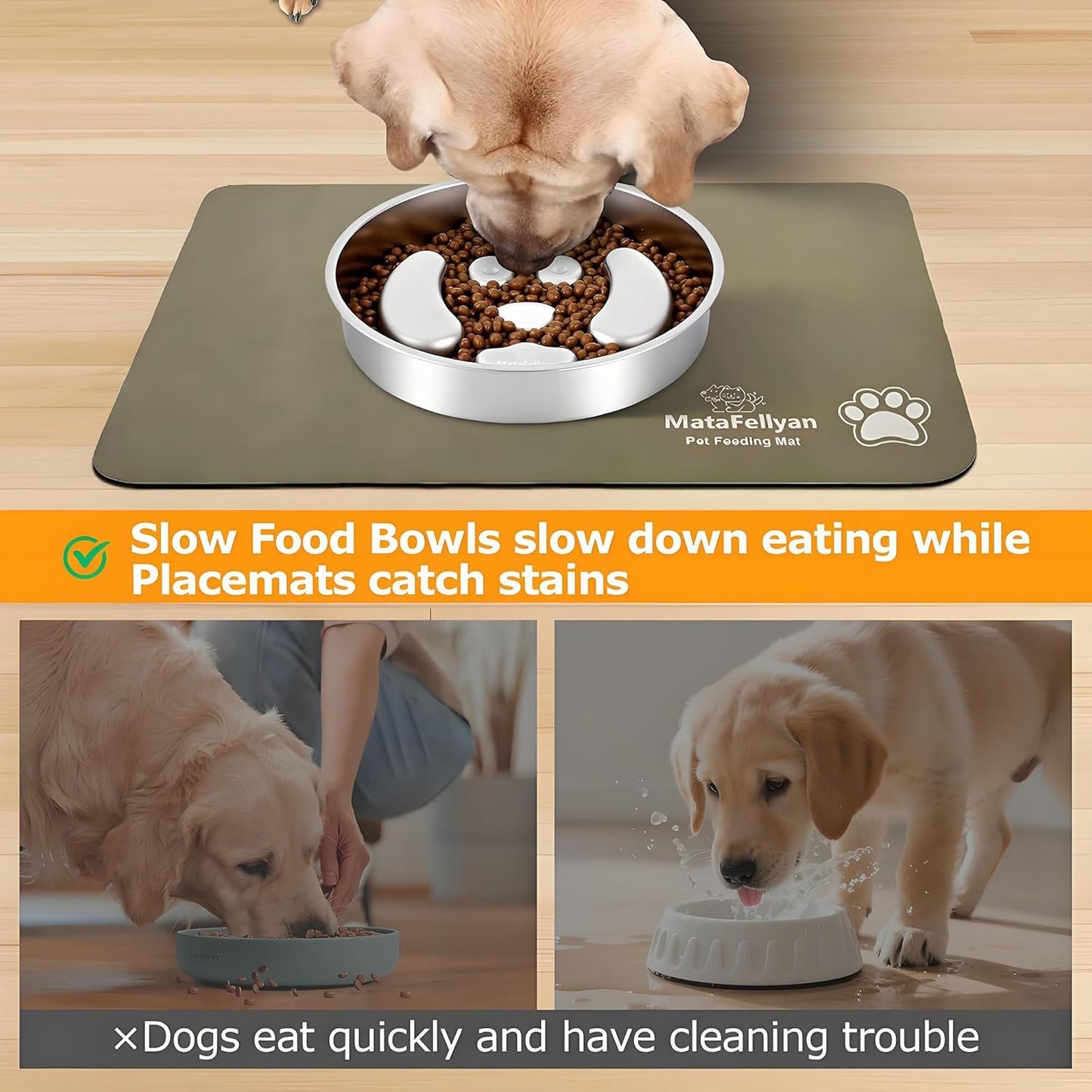 Slow Feeder Dog Bowl with Waterproof & Non-Slip Ultra Absorbent Food Mat(19.68''×11.8''), Non-Slip&Dual-Layer Stainless Steel 2 Cups Capacity Dog Bowl Fast Eaters & Slows Down Pets Essentials Gift