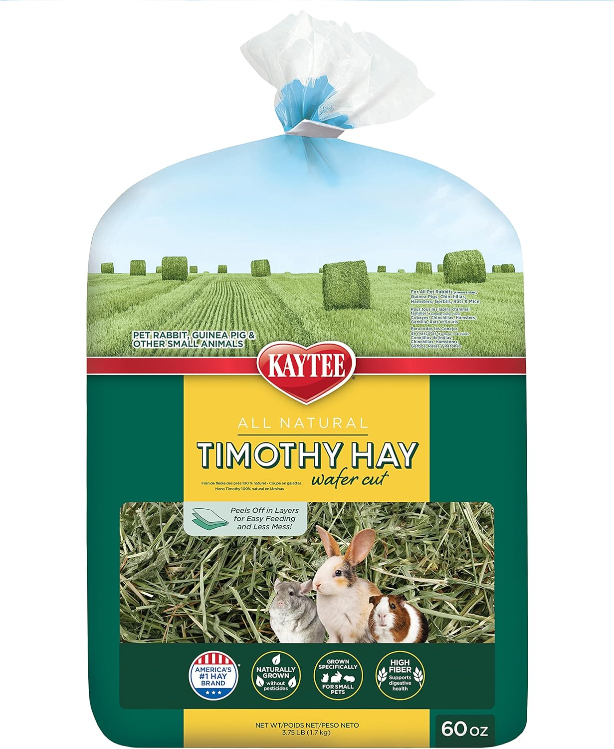 Kaytee Wafer Cut All Natural Timothy Hay for Pet Guinea Pigs, Rabbits & Other Small Animals, 60 Ounce