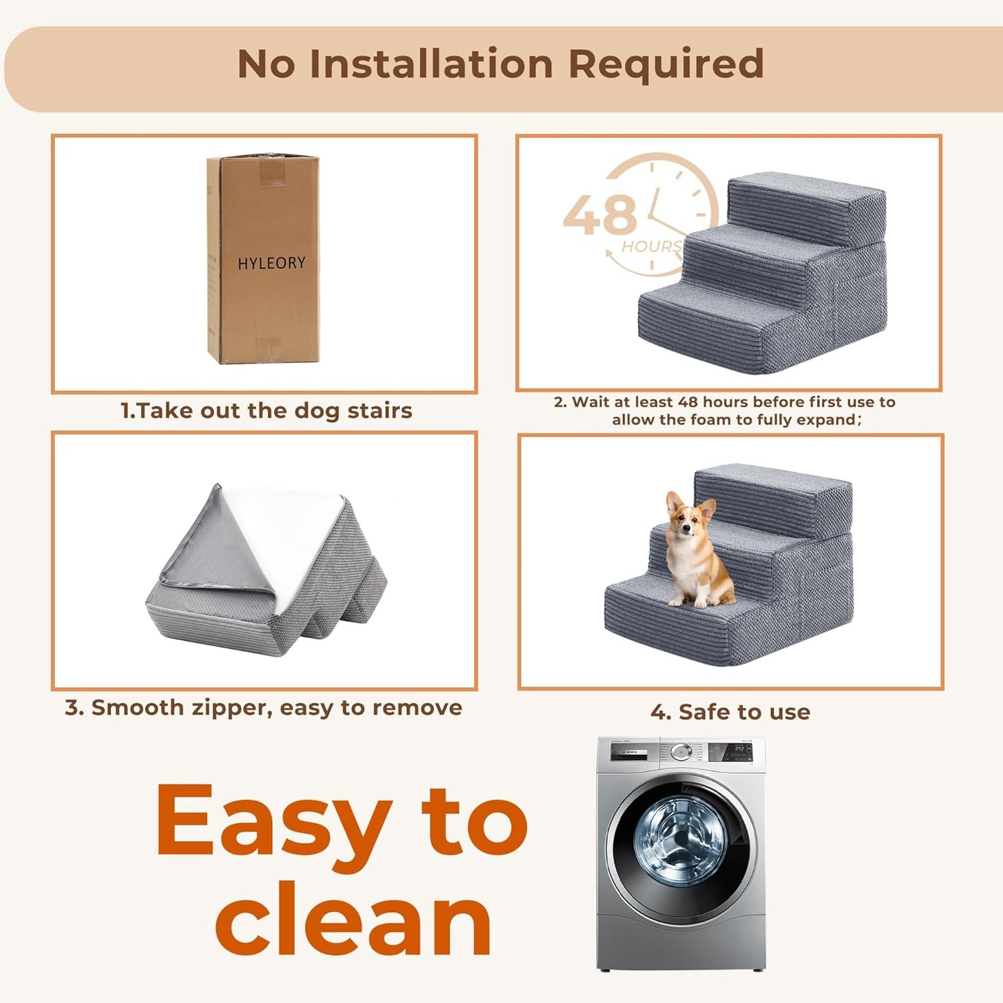 HYLEORY Dog Stairs for Bed 18''H, 4-Step Pet Stairs for Small Dogs & Cats, Sturdy Pet Steps with Non-Slip Bottom, Functional Portable Dog Ramp for Couch/Chair/Sofa/Car, with Storage Pocket, Grey