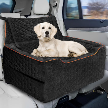 Dog Booster Seat for Larger & Medium Dogs – Comfortable Dog Car Bed with Washable Cover and Storage Pockets for Pets Up to 60lbs (Black)