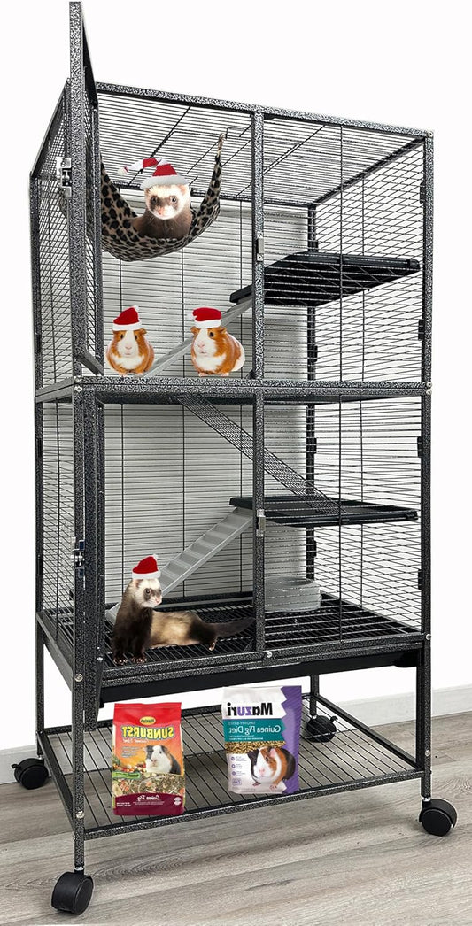 Large Two Full Story Deluxe Double Unit 4-Tiers Tight 1/2-Inch Bar Spacing Durable Front Doors Water Bottle Food Bowl for Feisty Ferret Squirrel Hammock Rat Gerbil Small Animal Critter Rolling Cage