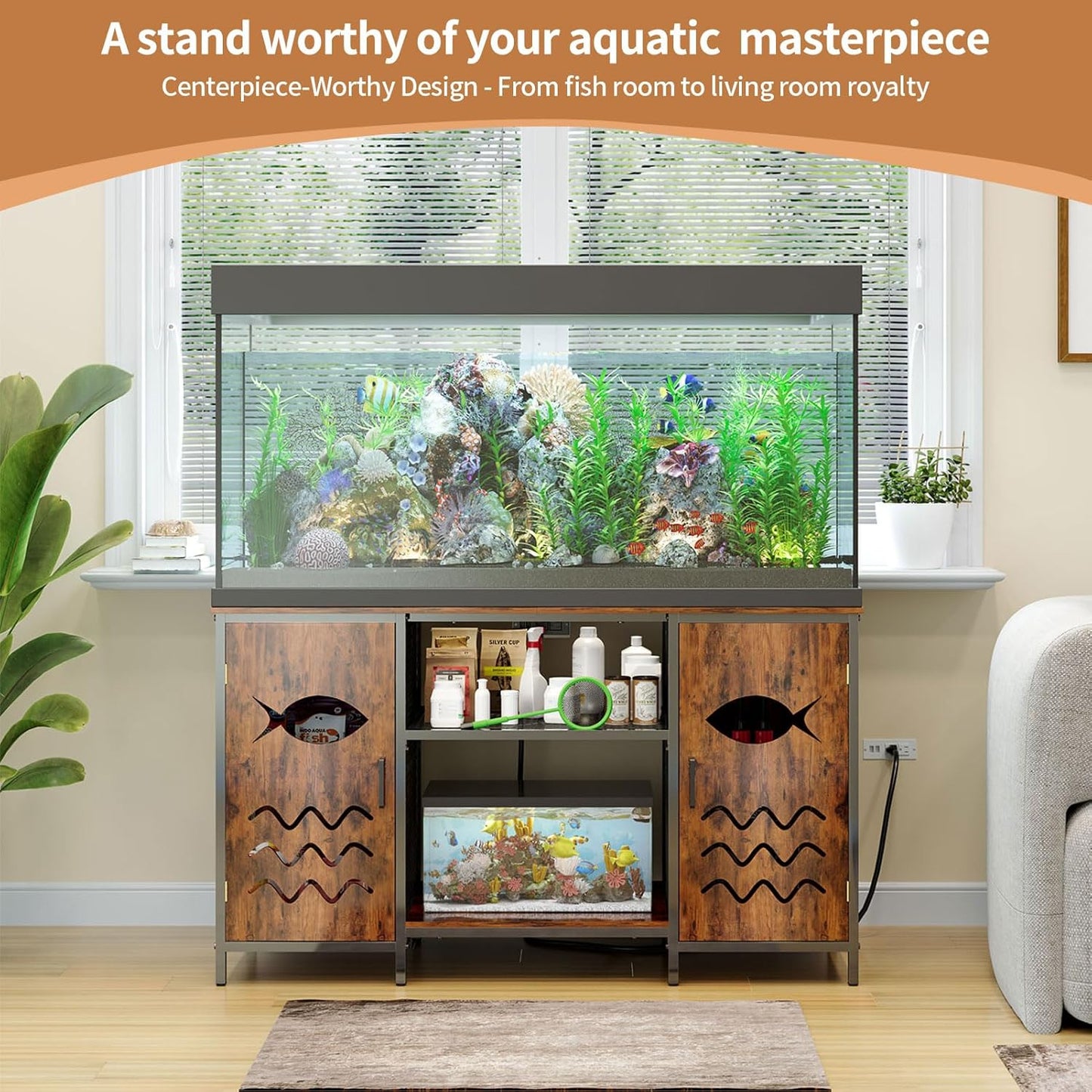 55-75 Gallon Fish Tank Stand with Power Outlet, Rustic Wood Aquarium Table with Cabinet and Shelf, Heavy Duty Metal Rack for Turtle Tank, Reptile Terrarium, 1000LBS Capacity, Brown
