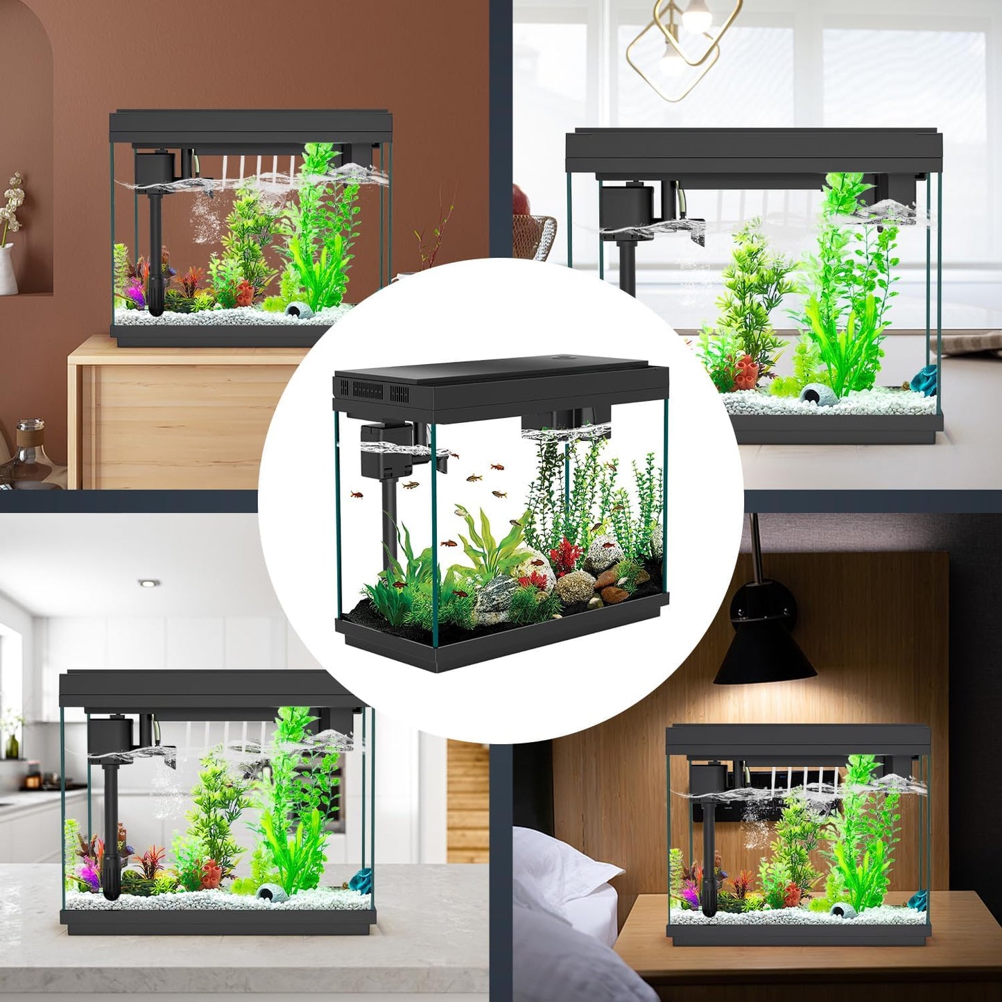 Smart Aquarium Fish Tank with Silent Water Pump, 2.4 Gallon Small Aquarium with Quick Start Kit, Temperature Display, Humidifier and RGB Lights, Perfect for Home, Office, and Decor