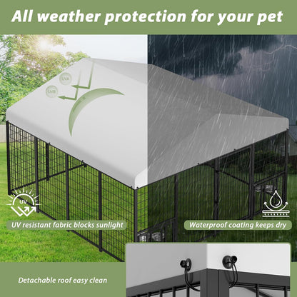 LOVMOR Outdoor Dog Kennel with Roof, Heavy Duty Steel Dog Run Enclosure for Large Dogs, Waterproof Canopy, Double Latch Door, Adjustable Feeding Bowls, Pet Pen for Yard and Patio, 10’L x 10’W x 6.5’H