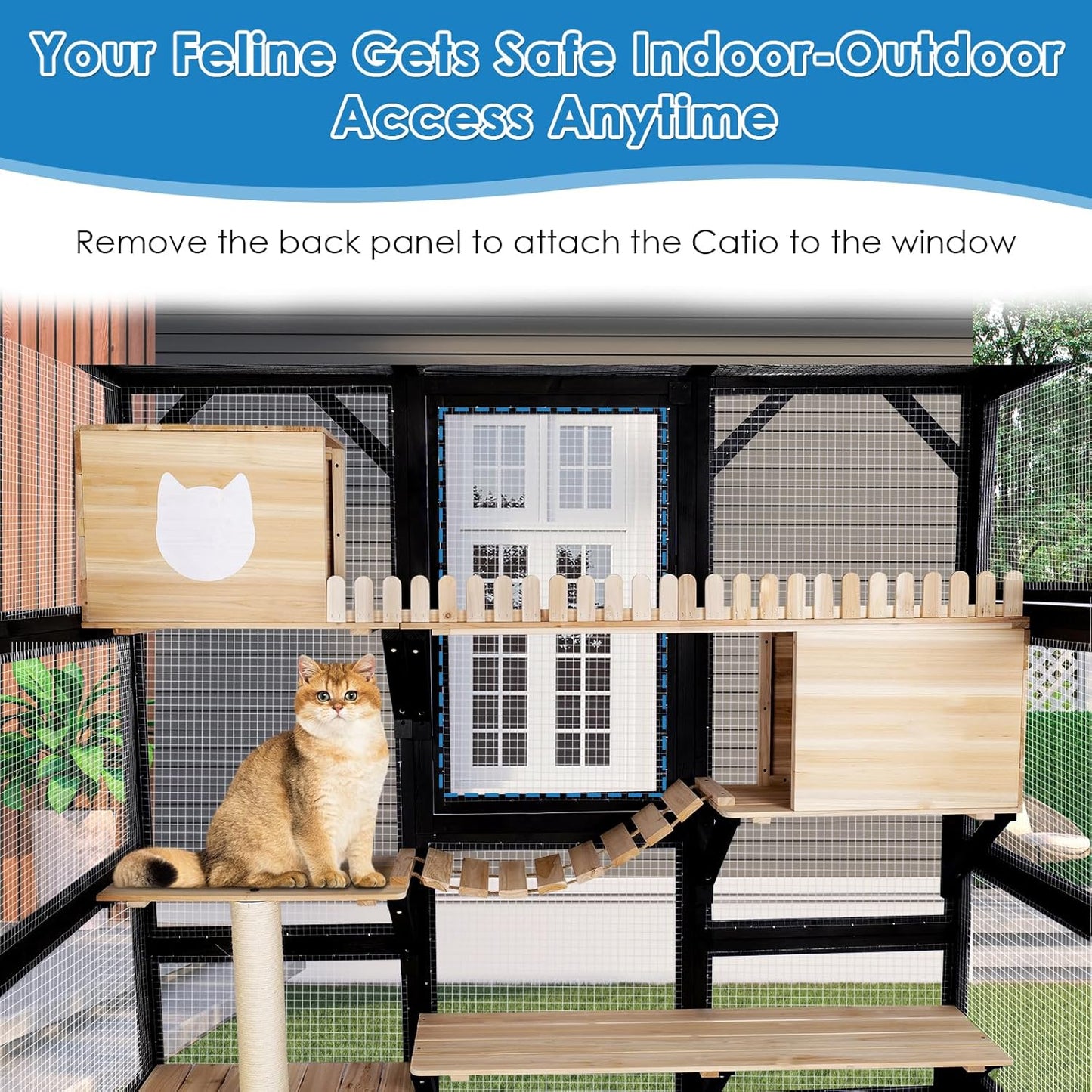 FunXplore Large Catio Outdoor Cat Enclosure Window 73" H Walk-in Cat House Kitty Cage for Multiple Indoor Outdoor Cats Outside Patio with 5 Access Doors Waterproof Roof
