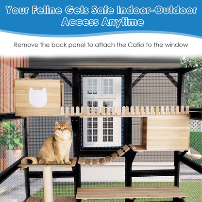 FunXplore Large Catio Outdoor Cat Enclosure Window 73" H Walk-in Cat House Kitty Cage for Multiple Indoor Outdoor Cats Outside Patio with 5 Access Doors Waterproof Roof