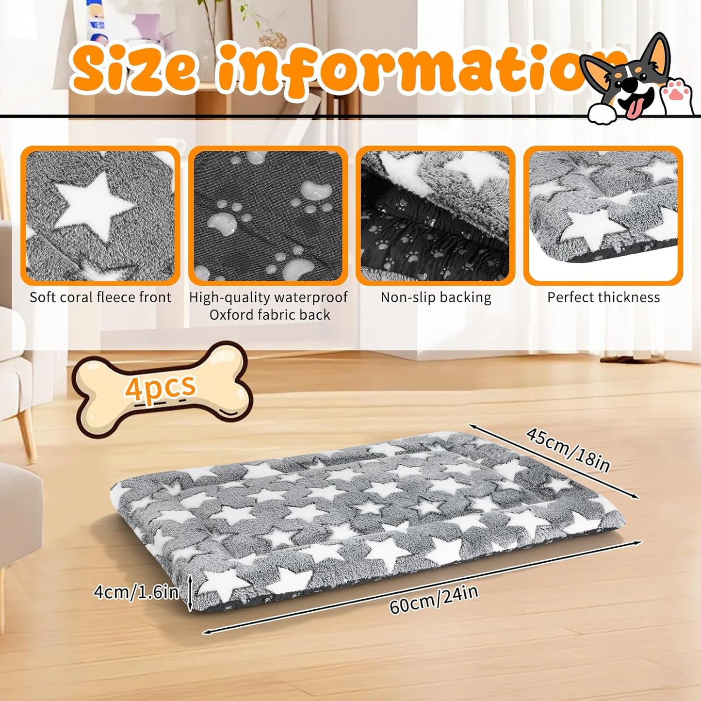 4 Pcs Dog Bed Mat Plush Orthopedic Outdoor Crate Mat with Non-Slip Bottom Washable Dog Cats Kennel Pad Reversible Crate Pads Soft Bed Crate-Pads for Crates, Travel, and Home(16 x 24 x 1.4 Inch,Gray)