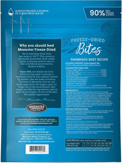 Muenster Freeze Dried Beef Bites - Complete Dog Food, Treat, Mixer or Topper (20oz) - Grain-Free