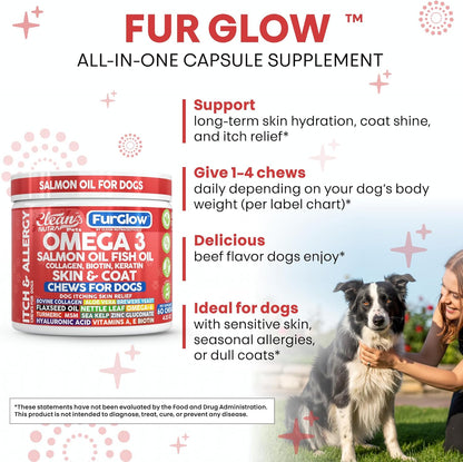 FurGlow Skin and Coat Supplement for Dogs Salmon Oil Omega 3 Fish Oil Turmeric Collagen Aloe Vera Flaxseed Oil Hyaluronic Acid Biotin Keratin Aloe Vera Allergy Relief Beef Flavor | Clean Nutra Pets