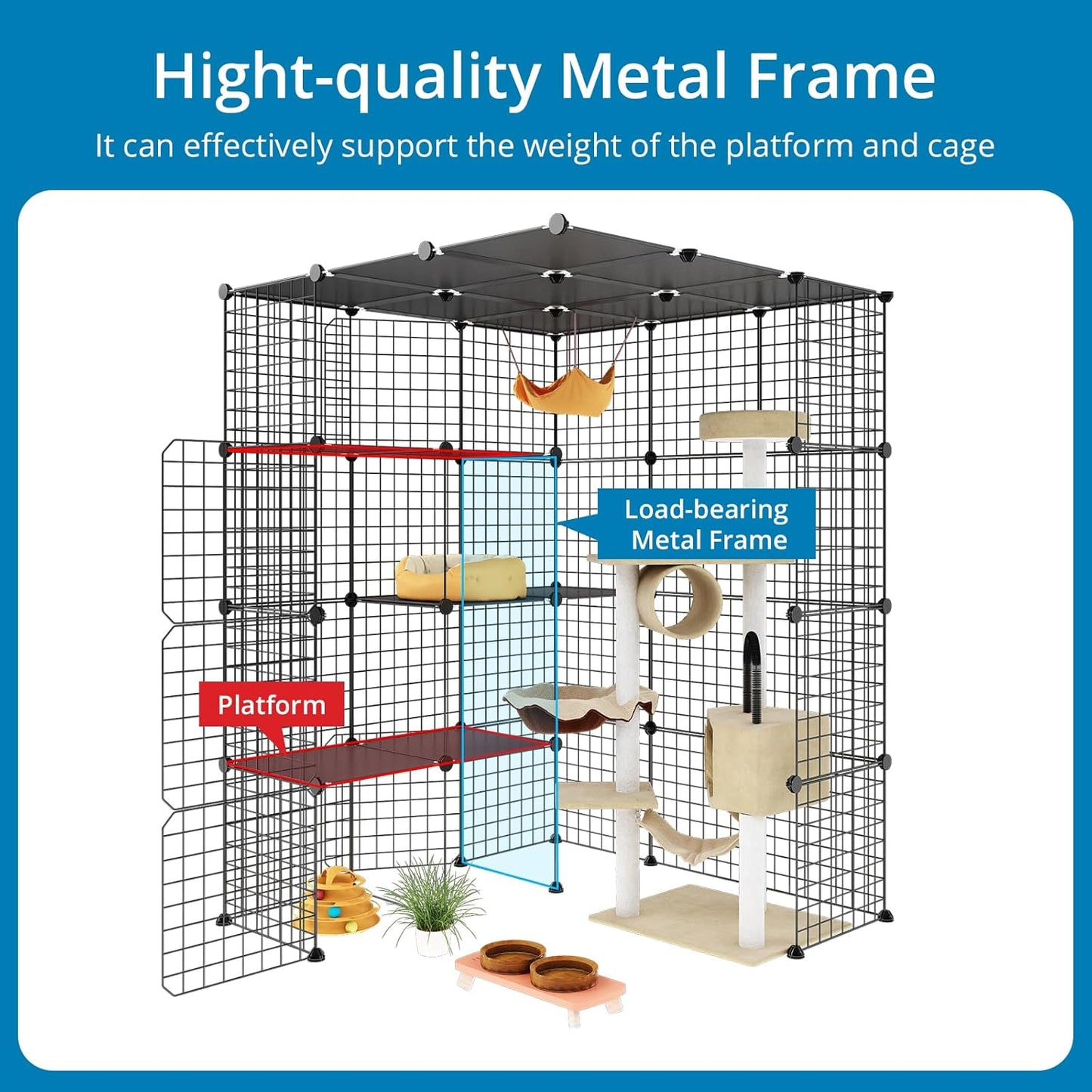 Large Cat Cage, Enclosures Indoor with Balcony, DIY Playpen Detachable Metal Wire Kennels Crate 3x3x4 Large Exercise Place Ideal for 1-3 Cats