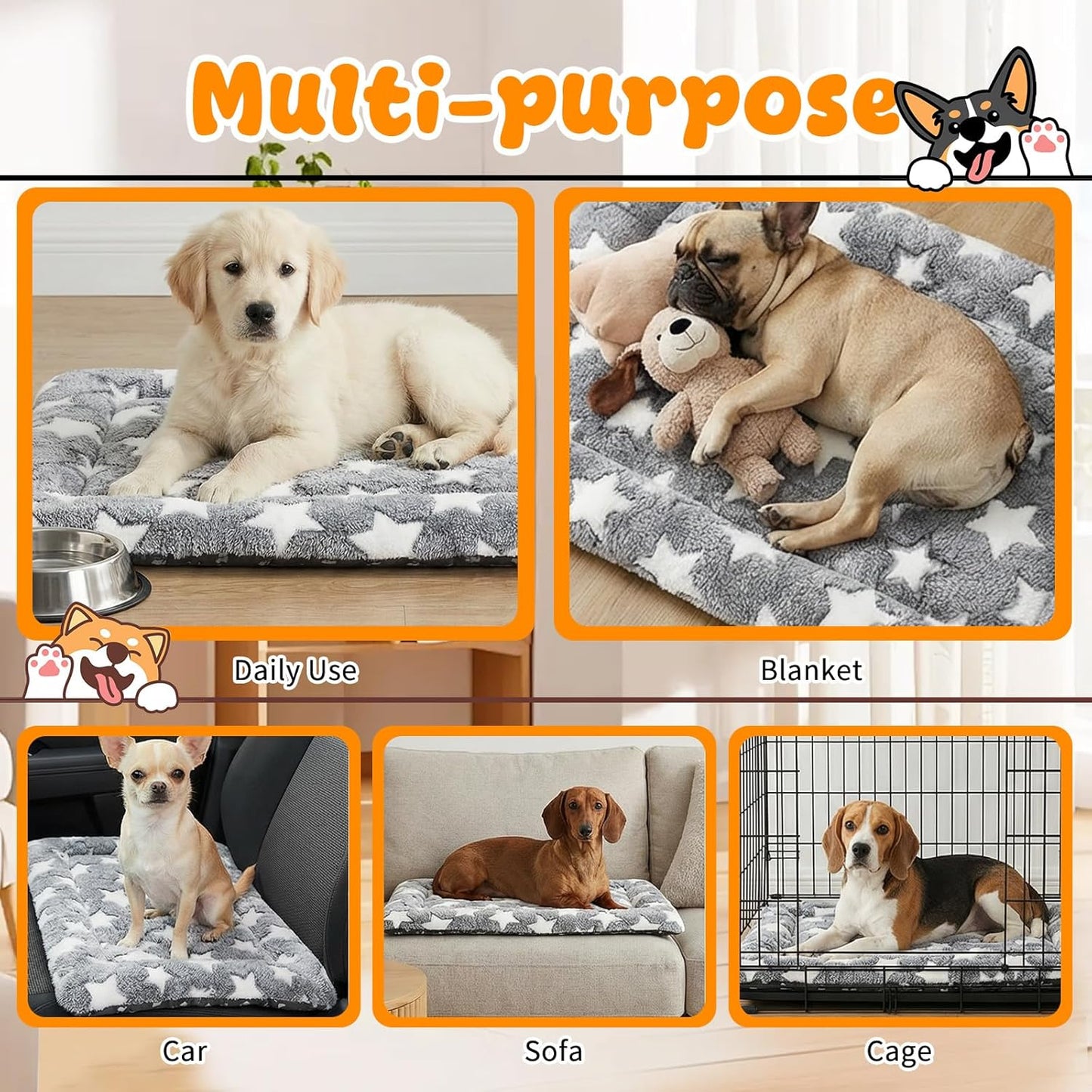 4 Pcs Dog Bed Mat Plush Orthopedic Outdoor Crate Mat with Non-Slip Bottom Washable Dog Cats Kennel Pad Reversible Crate Pads Soft Bed Crate-Pads for Crates, Travel, and Home(16 x 24 x 1.4 Inch,Gray)