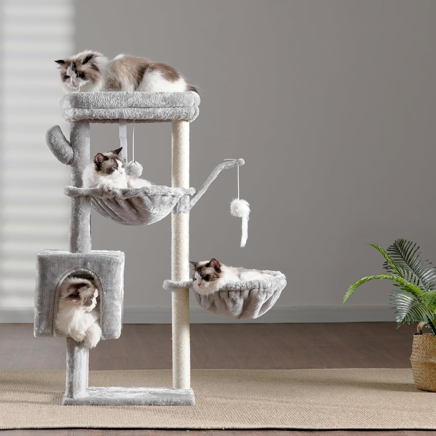 Heybly Cat Tree, 39.4 Inches Tower Condo with Scratching Post, Cat Tower for Indoor Cats, Fully Wrapped Sisal Pole, Soft Platform, 2 Baskets and Dangling Toy, Light Gray HCT006SW