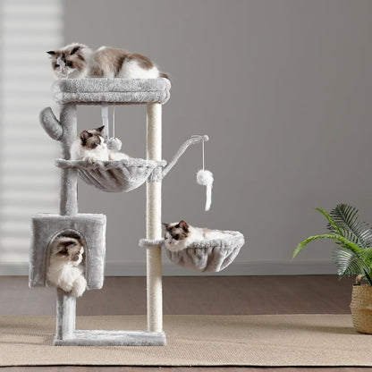 Heybly Cat Tree, 39.4 Inches Tower Condo with Scratching Post, Cat Tower for Indoor Cats, Fully Wrapped Sisal Pole, Soft Platform, 2 Baskets and Dangling Toy, Light Gray HCT006SW