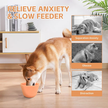 Dog Lick Bowl with Brush and Scraper, Anxiety Relief Silicone Slow Feeder Treat Dispenser, Anti-chocking Pet Dish, Non-Slip Interactive Entertainment Dog Puzzle Toy for Medium & Large-Light Orange