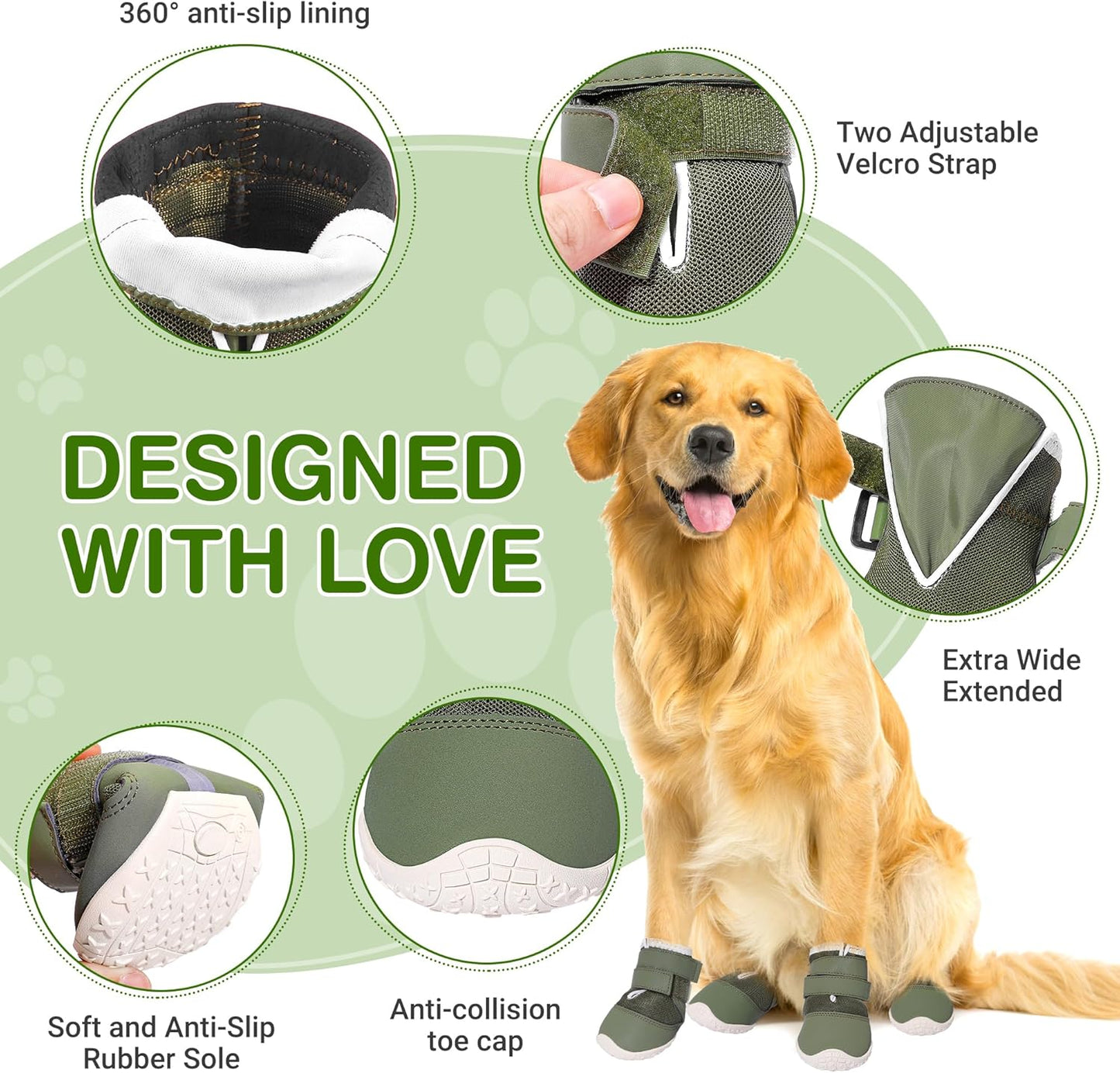 DcOaGt Dog Shoes for Large Dogs, Mesh Breathable Dog Boots & Paw Protectors for Hot Pavement Summer Winter Snow, 360° Anti-Slip Dog Booties for Hiking/Walking,Military Green 4PCS(Size 8)