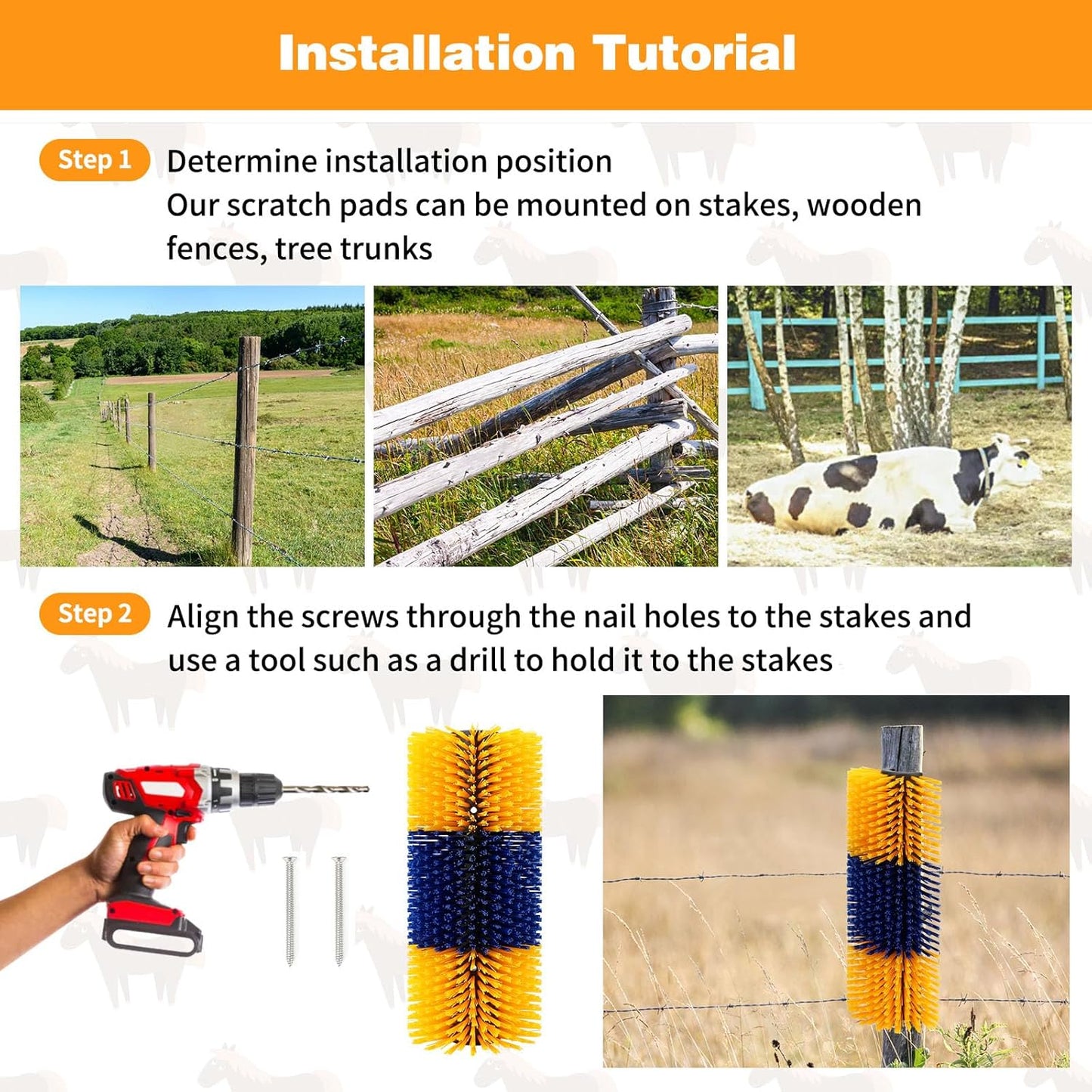 2 Pcs Livestock Scratch Brushs, Cattle Brush Relieves Itching and Cleansing Massage Brush Kit, Cattle Supplies Suitable for Cows, Horses, Sheep & Pigs with 2 Screws