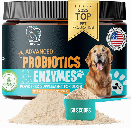 Dog Probiotics and Enzymes for Digestive Health, Gut Support, Gas & Seasonal Allergies – All Natural, Powerful Vet-Recommended Multi Strain Probiotics for Dogs – 60 Scoops