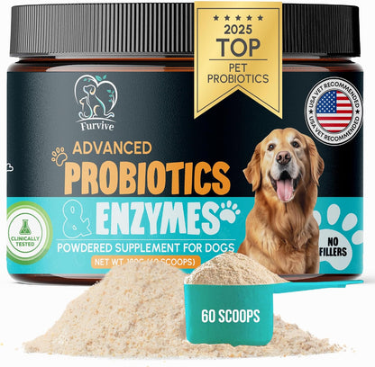 Dog Probiotics and Enzymes for Digestive Health, Gut Support, Gas & Seasonal Allergies – All Natural, Powerful Vet-Recommended Multi Strain Probiotics for Dogs – 60 Scoops