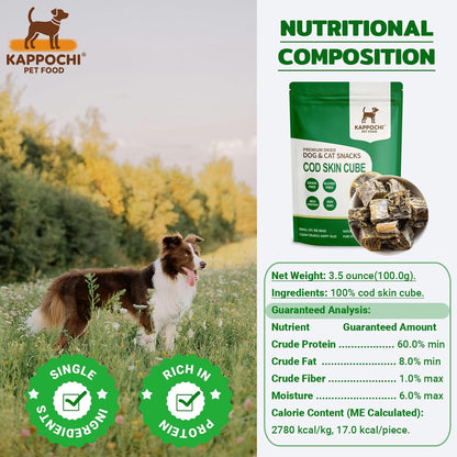 Freeze Dried Cod Skin Cube Dog Treats, Cat Treats, Rich in Omega-3, 3.5 Ounce (100.0g), Single Ingredient, High Protein Chew Snacks, Natural & Raw, No Additives, Grain Free, Gluten Free