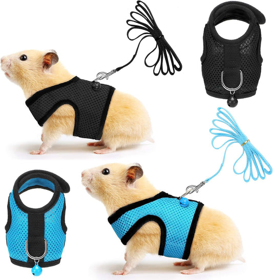 SATINIOR 2 Pieces Guinea Pig Clothes Baby Ferret Rats Hamster Soft Mesh Harness Leash Vest Set with Bell for Guinea Pigs, Hamster, Ferret, Rabbit, Chinchilla and Similar Small Animals (Blue, Black,S)