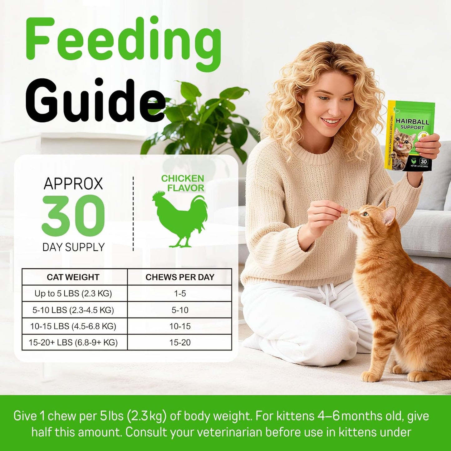 Cat Hairball Support Treats with Psyllium Husk & Omega-3, Chicken Flavor Soft & Crunchy Bites for Ingested Hair Elimination, Digestive & Skin Health, 3.7 oz (100g)