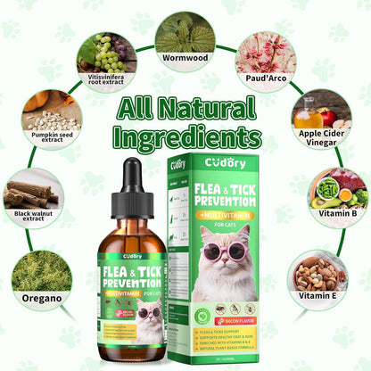 Flea & Tick Support for Cats – Natural Herbal Drops with Multivitamin – Fleas and Ticks Comfort Formula for Cat All Breeds & Ages – Bacon Flavor