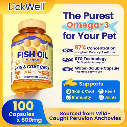 Fish Oil for Dogs & Cats, Omega 3 Fish Oil for Pets | Rich in 97% Omega 3 & 95% EPA+DHA | Made with Peruvian Anchovies, Promotes Healthy Skin, Shiny Coat & Strong Joints, 100 Capsules
