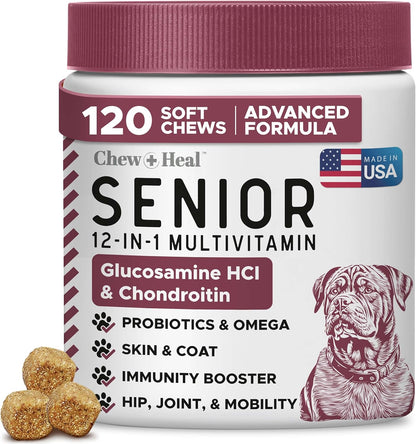12-in-1 Multivitamin for Senior Dogs - 120 Senior Dog Vitamin and Supplement Soft Chews for Hip and Joint - Advanced Formula with Glucosamine, Omega 3,6,9, Vitamins, Probiotics - Made in The USA