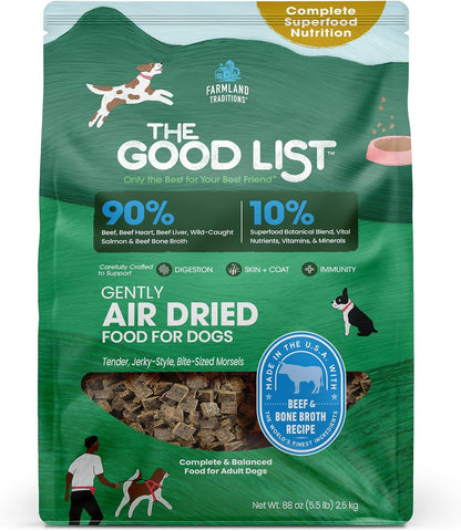 Farmland Traditions The Good List Air-Dried Dog Food, Premium Beef & Bone Broth for Dogs, Protein Rich & Grain-Free Nutrition, 5.5 Pound Bag