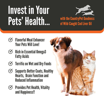 Wild Caught Pure Cod Liver Oil 16oz Highest Omega 3 1150mg/tsp, Highest Purity, High EPA/DHA, Vitamin A & D - Reduces Itching, Healthy Skin & Coat, Mobility, BPA-Free, Pump incl.