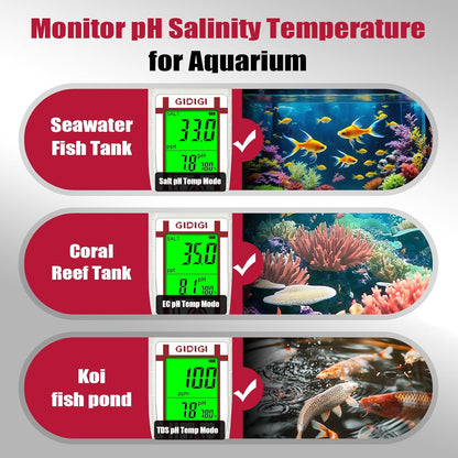 Aquarium Salinity pH Meter,Digital Salt Tester Kit for Saltwater Fish pH Meter Calibration Solution Kit,Includes pH 7.00, 10.01 and pH Electrode Protection Solution