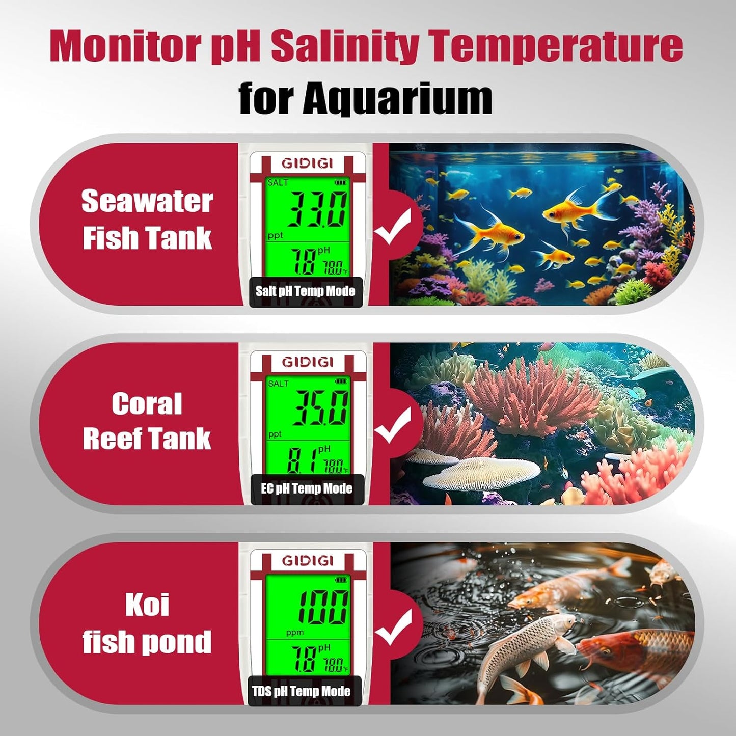 Aquarium Salinity pH Meter,Digital Salt Tester Kit for Saltwater Fish pH Meter Calibration Solution Kit,Includes pH 7.00, 10.01 and pH Electrode Protection Solution