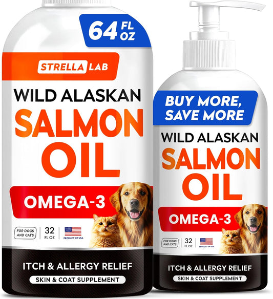 STRELLALAB Wild Alaskan Salmon Oil for Dogs - Natural Omega 3 for Dogs & Cats, Itch & Allergy Relief, Skin & Coat Support - Fish Oil Liquid, EPA+DHA Fatty Acids for Hip&Joint 64 OZ (Pack of 2)
