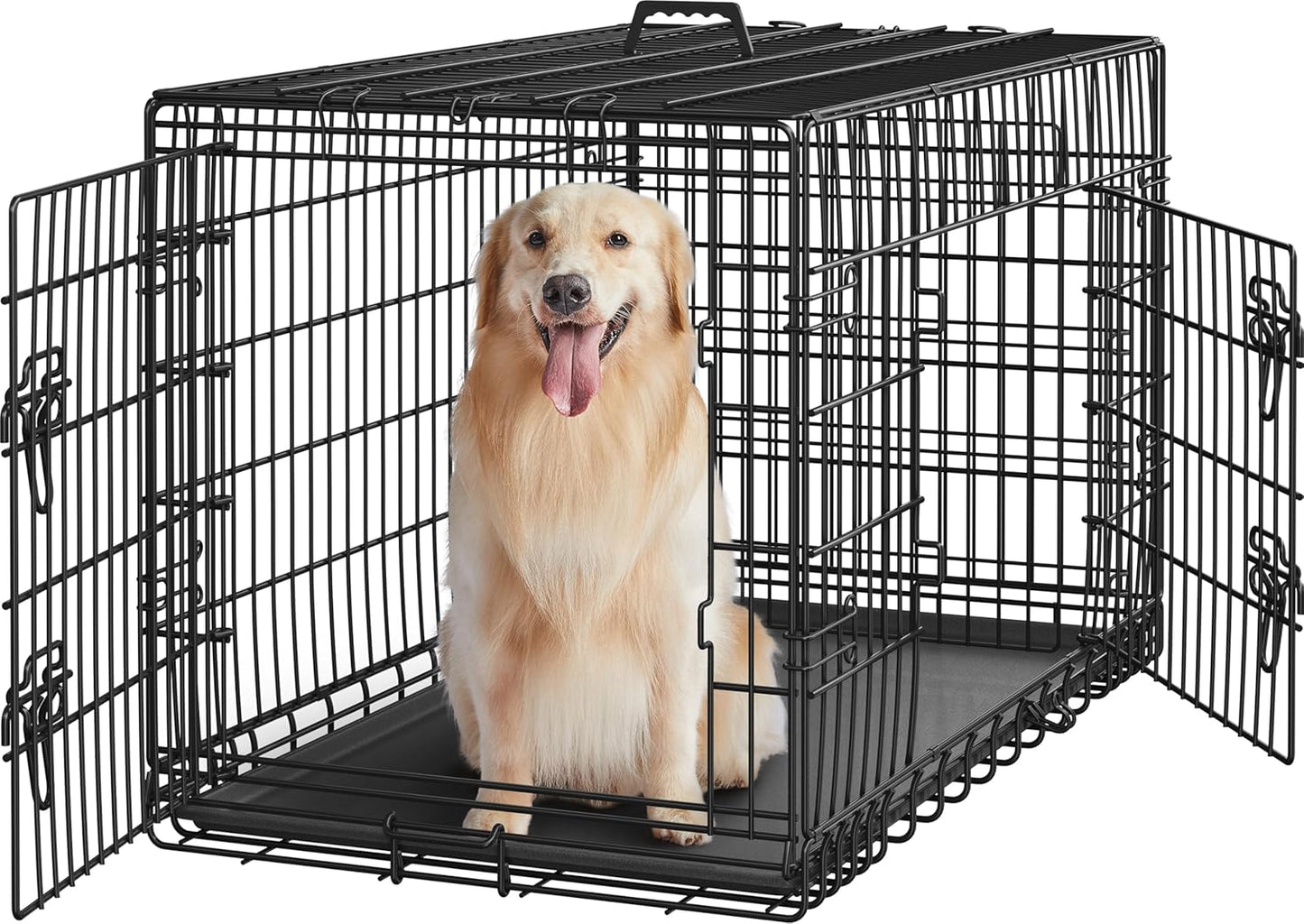 Yaheetech 42 inch Double Door Dog Crate w/Divider for Puppy to Adult XL Collapsible Metal Crate with Removable Tray Wire Dog Kennel for Large Dogs Portable Travel Cage, Black
