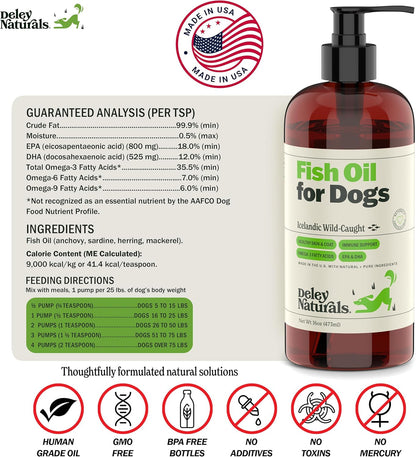 Deley Naturals Dog Fish Oil Icelandic 2X Omega - Dog Itching Skin Relief with Omega 3 6 9 for Allergies, Coat & Heart - Omega 3 Fish Oil for Dogs Skin Irritation - 16oz Omega Oil for Dogs Made in USA