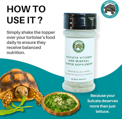 Sulcata Tortoise Calcium, Vitamin and Mineral Topper Supplement | Salad Topper for Baby Sulcata Tortoises | Promotes Health, Immunity and Strong Shell | 30-Day Supply in Easy to Use Shaker