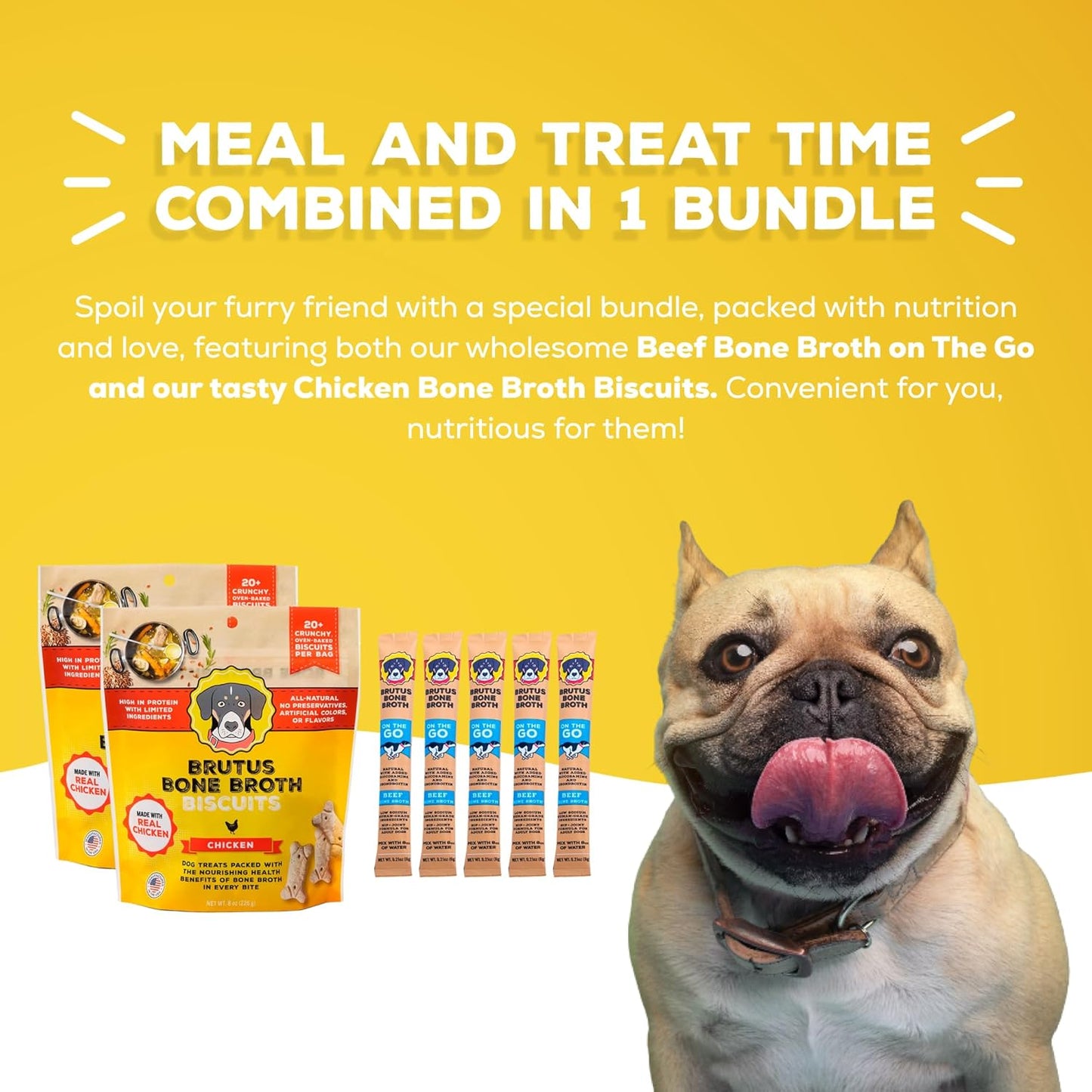 Brutus Bone Broth Bundle Pack - Chicken Biscuits Dog Treats, Pack of 2 (8oz) and Bone Broth Powder, Pack of 5 (6g) - All Natural with Glucosamine, Chondroitin & Turmeric