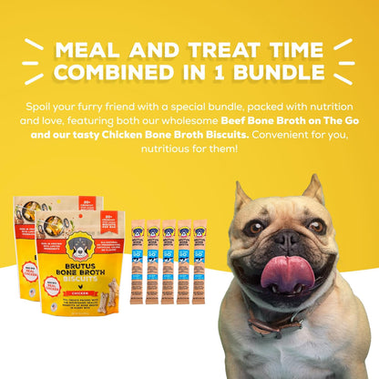 Brutus Bone Broth Bundle Pack - Chicken Biscuits Dog Treats, Pack of 2 (8oz) and Bone Broth Powder, Pack of 5 (6g) - All Natural with Glucosamine, Chondroitin & Turmeric