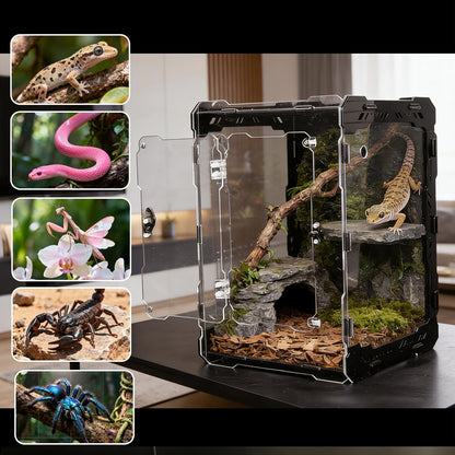 14x10x10 Inch Mechanical Frame Acrylic Terrarium - Front Opening Reptile Enclosure with Magnetic Feeder & Cable Ports, Escape-Proof Habitat for Tarantulas, Mantis, Geckos & Scorpions