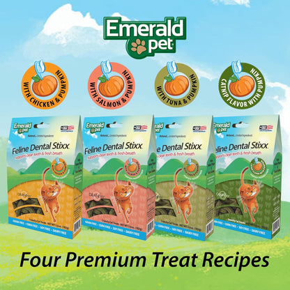 Emerald Pet Feline Dental Stixx — Tasty and Crunchy Cat Sticks with Pumpkin for Digestive Health — Natural Grain Free Dental Treats for Clean Teeth and Fresh Breath — Salmon, 3.6 oz