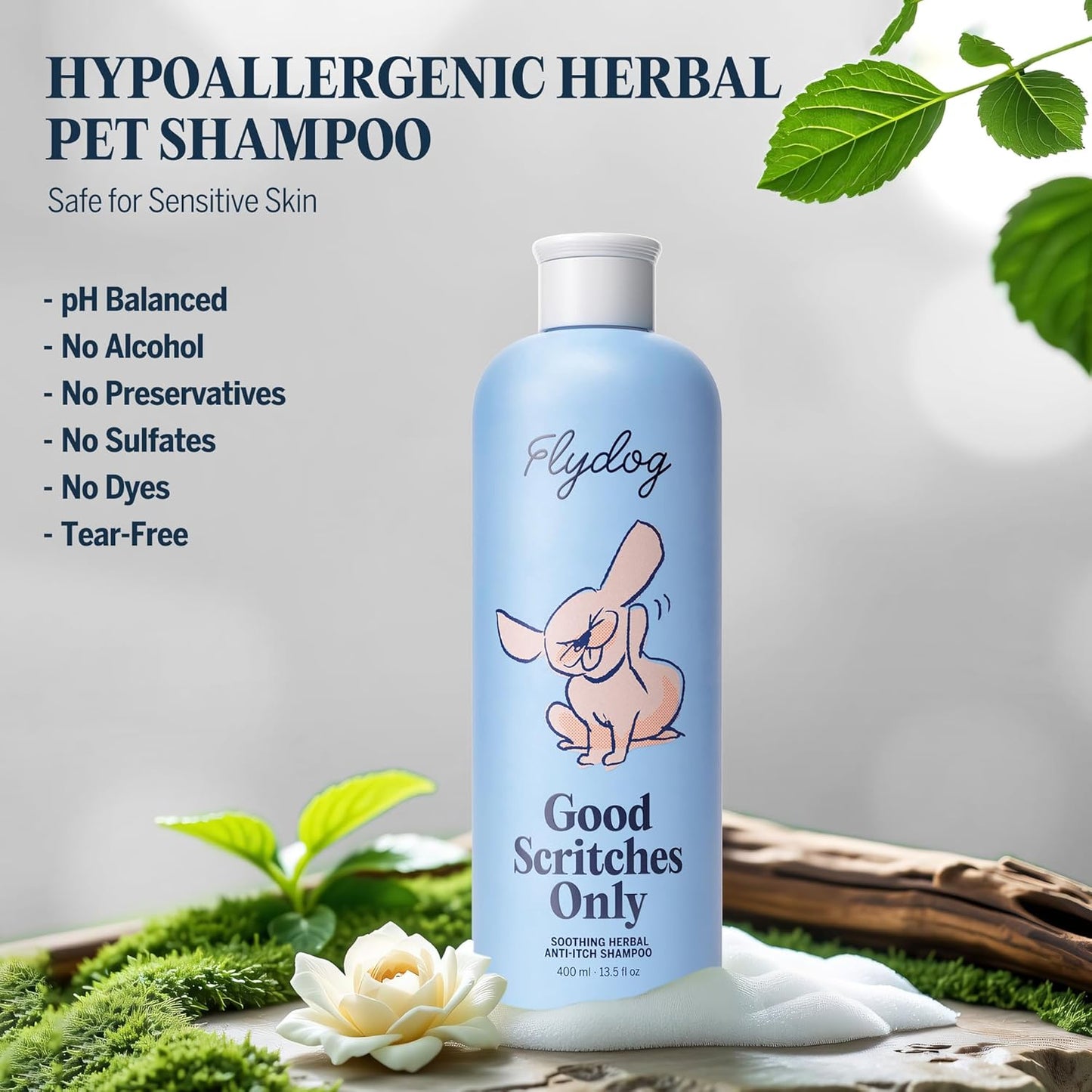 FLYDOG Dog Cat Shampoo Itchy Skin Relief: Natural Herbal Hypoallergenic Pet Shampoo, Deshedding Dandruff Control Deodorizing Moisturizing for Dry Flaky Smelly Skin, Perfect for Puppies Kittens
