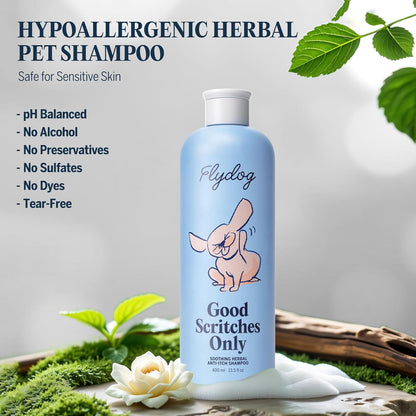 FLYDOG Dog Cat Shampoo Itchy Skin Relief: Natural Herbal Hypoallergenic Pet Shampoo, Deshedding Dandruff Control Deodorizing Moisturizing for Dry Flaky Smelly Skin, Perfect for Puppies Kittens