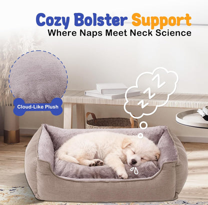 Makigued Rectangle Dog Bed for Small Dogs Washable Pet Bed with Bolster Sides Non-Slip Bottom Pet Sofa Waterproof Lining Durable Pet Cuddler, Light Brown, 21x 16x 6.3 in