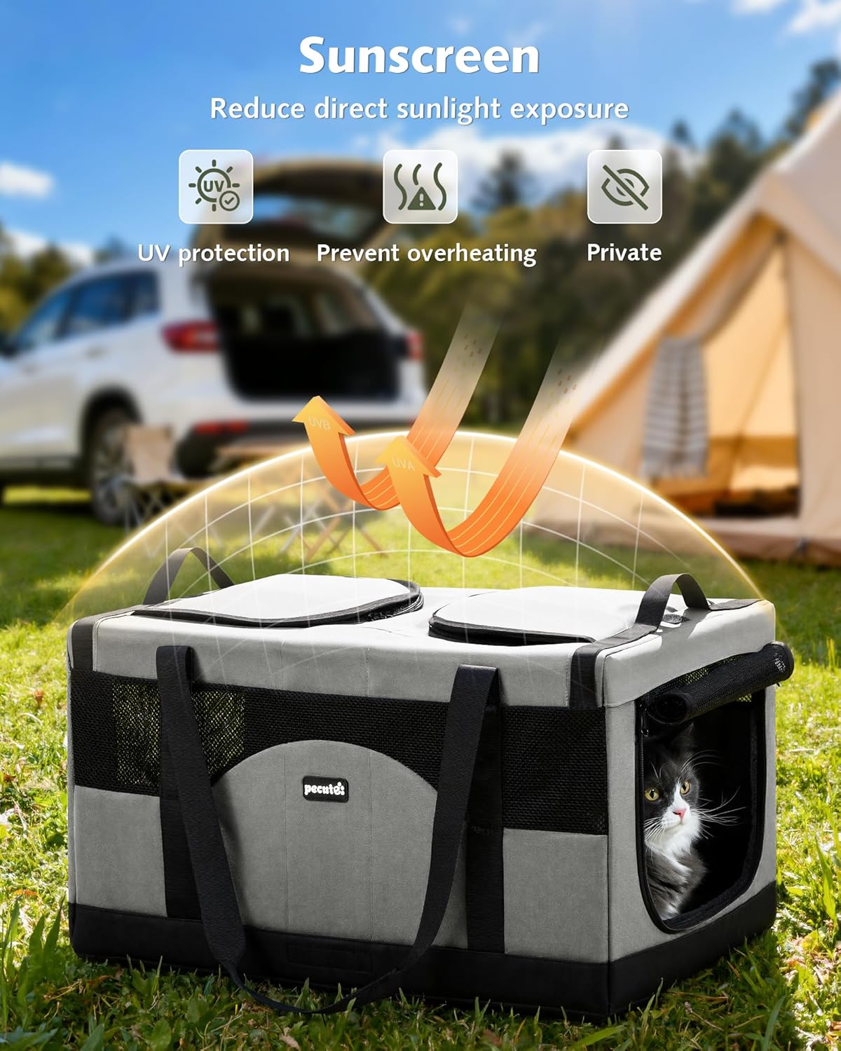 Pecute Cat Carrier for 2 Cats,Dual Cabin Multi Cat Travel Carrier with Removable Divider and Sturdy Frame,Collapsible,Soft,can Hold 20lbs+ for 2 Small Kitten,Medium Dog,Extra Large for Travel,Gray