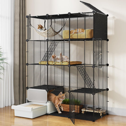 YITAHOME 4-Level Cat Cage with Litter Box: Multi-Tier Indoor Kitty Enclosure for 1-3 Cats, Spacious Play Area with Platforms for Kittens and Small Pets (Black)