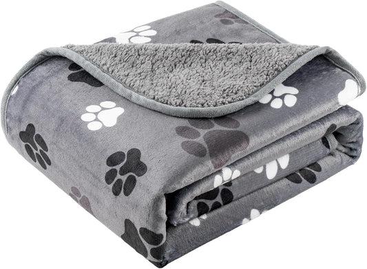 Waterproof Dog Blankets Pet Blanket, Soft Fluffy Sofa Car Bed Protector, Reversible Sherpa Fleece Dog Blanket for Large Dogs (Dark Grey-Paws, 50"x60")
