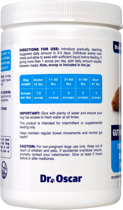 Dr. Oscar Gut Health for Dogs, Fiber for Dogs, Slippery Elm, Probiotics for Digestive Health, Psyllium Husk, Helps Maintain Regular Bowel Movement & Stool Quality, Powder 12.7 OZ, 360 Grams, 90 Scoops